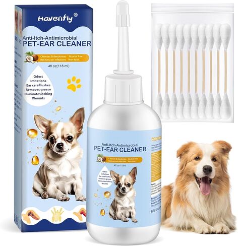 هافينفلاي منظف الأذن للكلاب والقطط، 4 أوقية. - قطرات لطيفة للعناية بالأذن، وتخفيف الحكة، وتلطيف الالتهاب، وإزالة الشمع، والرائحة. تتضمن 10 مسحات قطنية in Kuwait