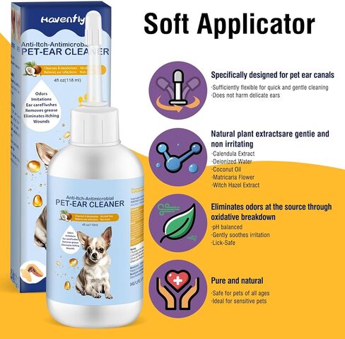 هافينفلاي منظف الأذن للكلاب والقطط، 4 أوقية. - قطرات لطيفة للعناية بالأذن، وتخفيف الحكة، وتلطيف الالتهاب، وإزالة الشمع، والرائحة. تتضمن 10 مسحات قطنية in Kuwait