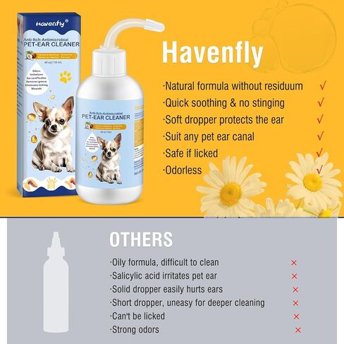 هافينفلاي منظف الأذن للكلاب والقطط، 4 أوقية. - قطرات لطيفة للعناية بالأذن، وتخفيف الحكة، وتلطيف الالتهاب، وإزالة الشمع، والرائحة. تتضمن 10 مسحات قطنية in Kuwait