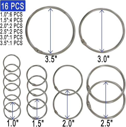 16PCS SIEWAY Binder Rings Assorted Sizes(1-1.5-2-2.5-3-3.5 inch), Large Metal Keychain Key Rings, Paper Rings Book Rings, Loose Leaf Binder Rings (16) in Saudi Arabia