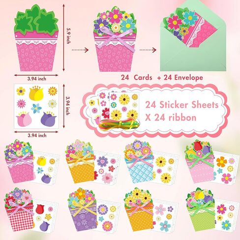 Pasimy 24 Sets Card Making Kits DIY Handmade Greeting Card Kits for Kids with Flowers Stickers Envelopes Ribbon for Preschool Primary School Kids Classroom Mother's Day Make Your Own Crafts Gifts in Saudi Arabia
