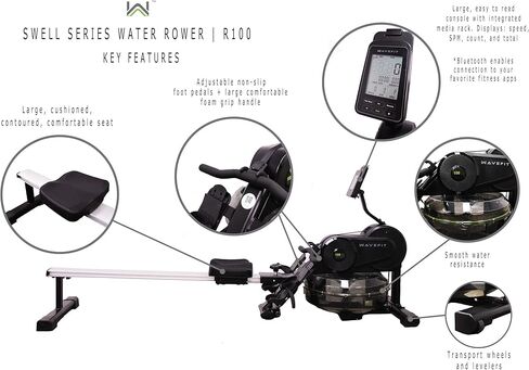جهاز تجديف مائي من سلسلة WaveFit Swell R100 مقاوم للماء في المنزل مع اتصال بلوتوث وتتبع قياسات اللياقة البدنية المدمج، سعة وزن 300 رطل in Kuwait