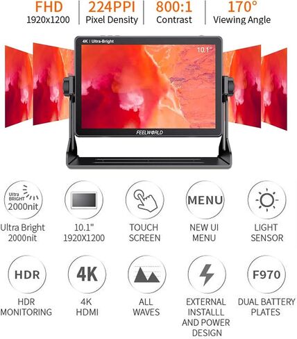 FEELWORLD LUT11H 10.1 Inch Touch Screen DSLR Camera Field Monitor Ultra Bright 2000nits 1920X1200 IPS Panel AC Monitor with F970 External Power and Install Kit Dual 4k HDMI inputs 3D Lut in Saudi Arabia