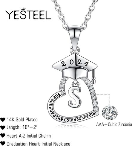 هدايا التخرج لها، فئة 2024 هدايا التخرج من الكلية في المدرسة الثانوية للابنة أفضل الأصدقاء، قلادات التخرج الأولية على شكل قلب مكعبة زركونيا مطلية بالذهب عيار 14 قيراط للنساء والفتيات مجوهرات in Kuwait