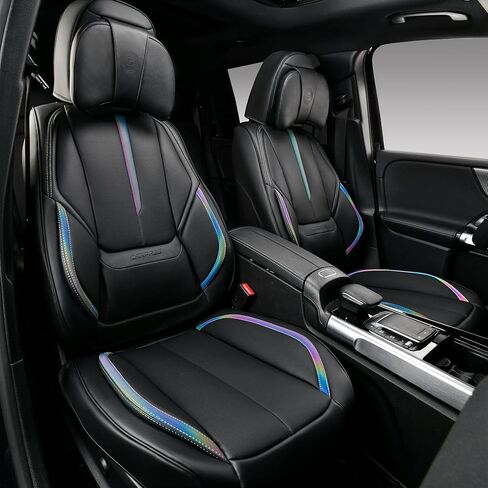 أغطية مقاعد السيارة من جلد نابا من CAR PASS مجموعة كاملة، 5 مقاعد أغطية مقاعد عالمية للسيارات، غطاء مقعد أمامي وخلفي فاخر مقاوم للماء لشاحنة بيك اب سيدان SUV، حرباء قوس قزح سوداء in Kuwait