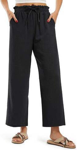 Libin سراويل الكتان النسائية المقلد الصيف عالية الخصر واسعة الساق السراويل بالازو فضفاضة غير رسمية صالة الشاطئ بنطلون مع جيوب in Kuwait