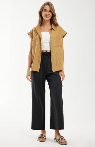 Libin سراويل الكتان النسائية المقلد الصيف عالية الخصر واسعة الساق السراويل بالازو فضفاضة غير رسمية صالة الشاطئ بنطلون مع جيوب in Kuwait