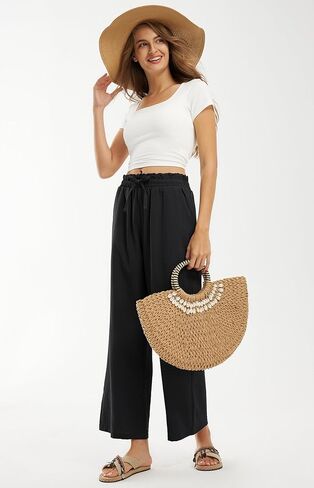 Libin سراويل الكتان النسائية المقلد الصيف عالية الخصر واسعة الساق السراويل بالازو فضفاضة غير رسمية صالة الشاطئ بنطلون مع جيوب in Kuwait