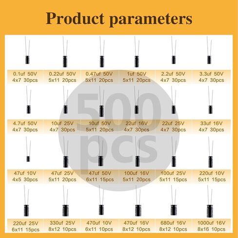 500 قطعة 24 قيمة مكثف كهربائيًا مجموعة متنوعة 10 فولت/16 فولت/25 فولت/50 فولت نطاق 0.1 فائق التوهج-1000 فائق التوهج، طقم مكثف كهربائي من الألومنيوم يتضمن 10 فائق التوهج 100 فائق التوهج 220 فائق التوهج 470 فائق التوهج والمزيد من المكثفات الإلكتروليتية المت in Kuwait