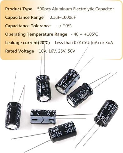 500 قطعة 24 قيمة مكثف كهربائيًا مجموعة متنوعة 10 فولت/16 فولت/25 فولت/50 فولت نطاق 0.1 فائق التوهج-1000 فائق التوهج، طقم مكثف كهربائي من الألومنيوم يتضمن 10 فائق التوهج 100 فائق التوهج 220 فائق التوهج 470 فائق التوهج والمزيد من المكثفات الإلكتروليتية المت in Kuwait