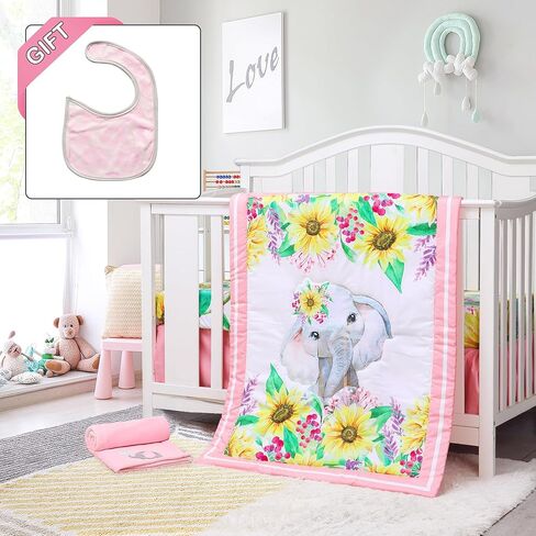 Honkaii Elephant Crib Bedding Set 4 Piece, Baby Nursery Bedding Sets Including Crib Quilt, Crib Skirt, Crib Sheet, Baby Blanket, Pink Crib Sets for Girls in Kuwait