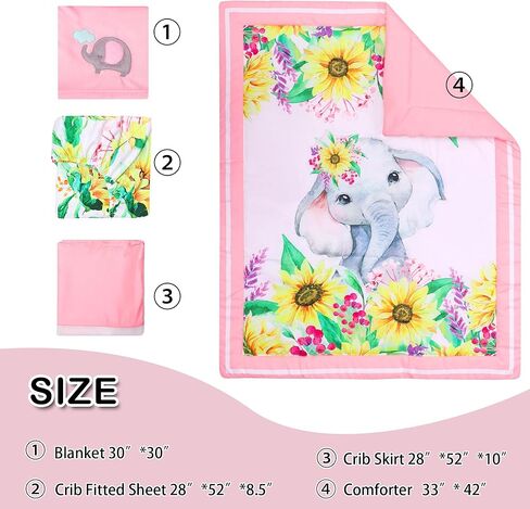 Honkaii Elephant Crib Bedding Set 4 Piece, Baby Nursery Bedding Sets Including Crib Quilt, Crib Skirt, Crib Sheet, Baby Blanket, Pink Crib Sets for Girls in Kuwait