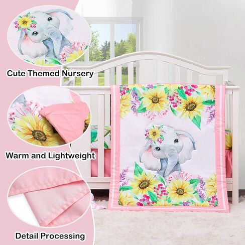 Honkaii Elephant Crib Bedding Set 4 Piece, Baby Nursery Bedding Sets Including Crib Quilt, Crib Skirt, Crib Sheet, Baby Blanket, Pink Crib Sets for Girls in Kuwait