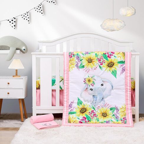 Honkaii Elephant Crib Bedding Set 4 Piece, Baby Nursery Bedding Sets Including Crib Quilt, Crib Skirt, Crib Sheet, Baby Blanket, Pink Crib Sets for Girls in Kuwait