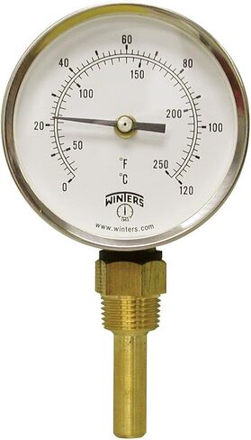 Winters TBT165 Dual Scale Steel HVAC Bi-Metal Thermometer, 2-7/16" Stem, 1/2" NPT Bottom Mount Connection, 3-1/2" Dial Display, 30-250 F/C Range in Saudi Arabia