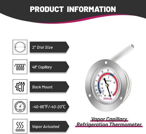 GOATACURA Vapor Capillary Refrigeration Thermometer, Stainless Steel Flanged Panel Mount, 2" Dial Size, 48" Capillary, -40-65 Deg F/-40-20 Deg C in Saudi Arabia