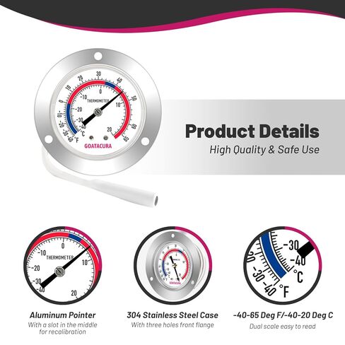 GOATACURA Vapor Capillary Refrigeration Thermometer, Stainless Steel Flanged Panel Mount, 2" Dial Size, 48" Capillary, -40-65 Deg F/-40-20 Deg C in Saudi Arabia