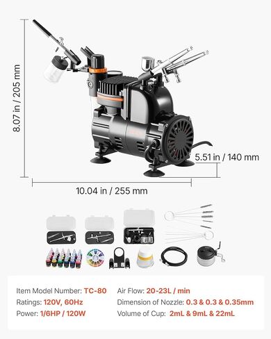 VEVOR Airbrush Kit, Professional Airbrush Set with 1/5 HP Compressor & 3 Airbrushes, Airbrushing System Kit with Multi-Purpose Dual-Action Gravity Feed Airbrushes, Art Nail Cookie Tatto in Kuwait