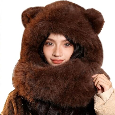 KAHHZA Hooded Scarf Hat Gloves for Women Winter Fur Bear Ears Hat 3 in 1 Plush Animal Hat with Mittens Furry Cute Warm in Saudi Arabia