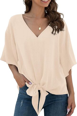 VIISHOW Womens Tie Front Chiffon Blouses V Neck Batwing Short Sleeve Summer Floral Tops Shirts in Kuwait