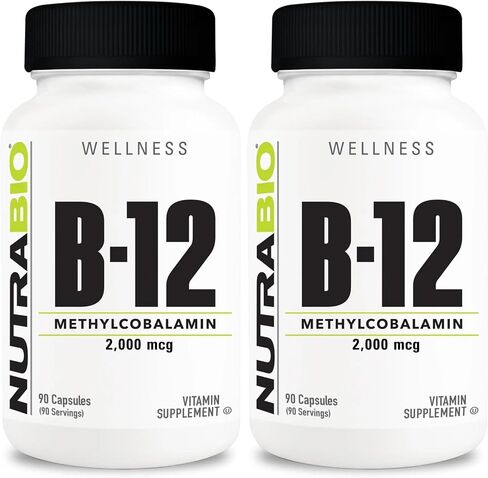 مكمل فيتامين NutraBio Methyl B-12، 2000 ميكروجرام - يعزز الصحة الخلوية والعافية، 90 كبسولة نباتية in Kuwait