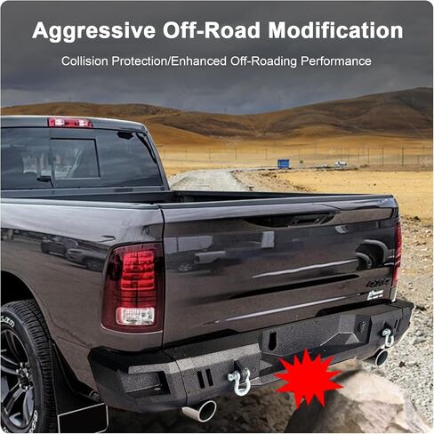 Off Road Rear Bumper Compatible with Dodge Ram 2500 3500 2010-2018, Heavy Duty Steel Rear Bumper with Conner Side Step, 2 LED Lights, License Plate Bracket, Backup Sensor Holes Full Width in Saudi Arabia