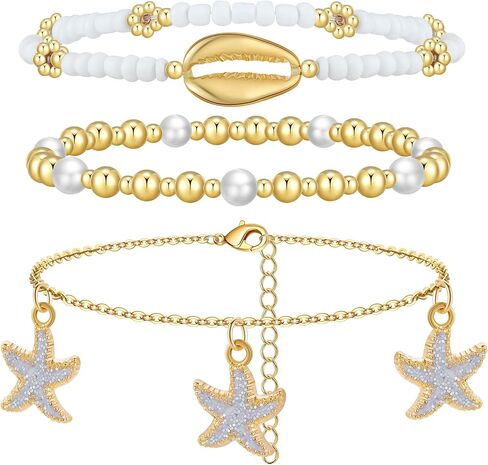 Ankle Bracelets for Women, Beaded Adjustable Gold Anklet Starfish Pearl Foot Chain Boho Jewelry for Women Beach Vacation Essentials Accessories in Saudi Arabia