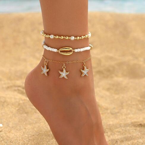 Ankle Bracelets for Women, Beaded Adjustable Gold Anklet Starfish Pearl Foot Chain Boho Jewelry for Women Beach Vacation Essentials Accessories in Saudi Arabia