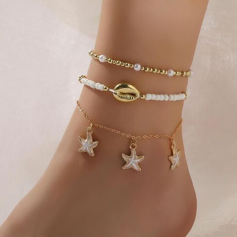 Ankle Bracelets for Women, Beaded Adjustable Gold Anklet Starfish Pearl Foot Chain Boho Jewelry for Women Beach Vacation Essentials Accessories in Saudi Arabia