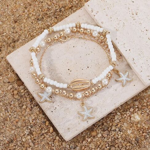 Ankle Bracelets for Women, Beaded Adjustable Gold Anklet Starfish Pearl Foot Chain Boho Jewelry for Women Beach Vacation Essentials Accessories in Saudi Arabia