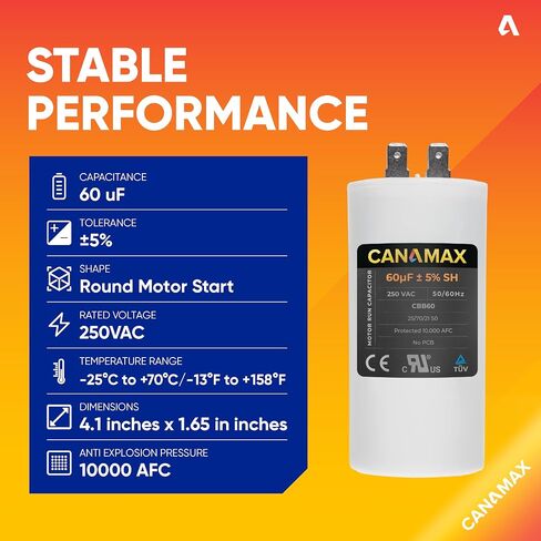 Canamax 20 uf MFD 450 VAC Volts Round Motor Run Capacitor 50/60 Hz AC Electric - Exact Fit for OEM Single Phase Motor Capacitors Condenser Straight Cool or Heat Pump Air Conditioner in Saudi Arabia