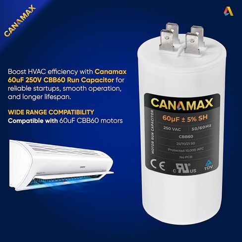 Canamax 20 uf MFD 450 VAC Volts Round Motor Run Capacitor 50/60 Hz AC Electric - Exact Fit for OEM Single Phase Motor Capacitors Condenser Straight Cool or Heat Pump Air Conditioner in Saudi Arabia