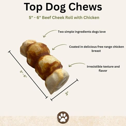 Top Dog Chews - لفائف خد لحم البقر المحمص مع الدجاج ملفوف 10 "-12" - 3 عبوة in Kuwait