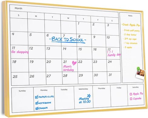 3-in-1 Dry Erase Calendar for Wall with Gold Aluminum Frame, Magnetic Monthly & Weekly Calendar Whiteboard, Dry Erase Board for Wall, Hanging White Board for Decor/Memo(YL+ZL-Gold,4333) in Saudi Arabia