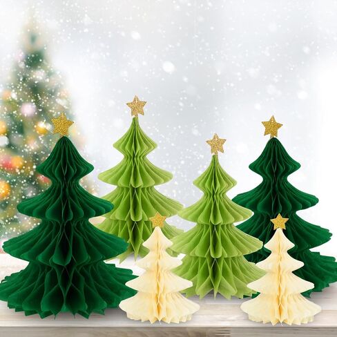 Whaline 6 Pack Christmas Honeycomb Paper Tree 3D Green Xmas Paper Trees Centerpiece Ceiling Hanging Tissue Pine Tree Star for Holiday Decoration, 3 Sizes in Saudi Arabia