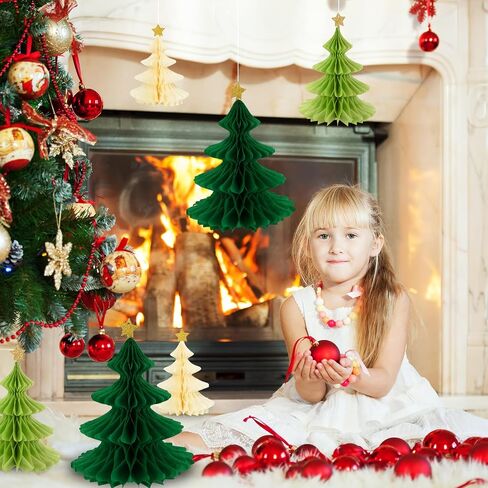 Whaline 6 Pack Christmas Honeycomb Paper Tree 3D Green Xmas Paper Trees Centerpiece Ceiling Hanging Tissue Pine Tree Star for Holiday Decoration, 3 Sizes in Saudi Arabia