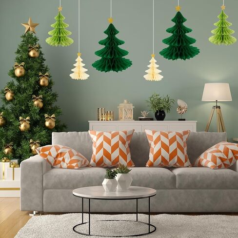 Whaline 6 Pack Christmas Honeycomb Paper Tree 3D Green Xmas Paper Trees Centerpiece Ceiling Hanging Tissue Pine Tree Star for Holiday Decoration, 3 Sizes in Saudi Arabia