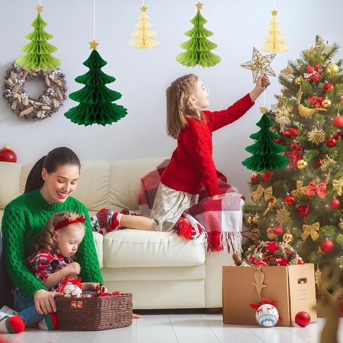 Whaline 6 Pack Christmas Honeycomb Paper Tree 3D Green Xmas Paper Trees Centerpiece Ceiling Hanging Tissue Pine Tree Star for Holiday Decoration, 3 Sizes in Saudi Arabia