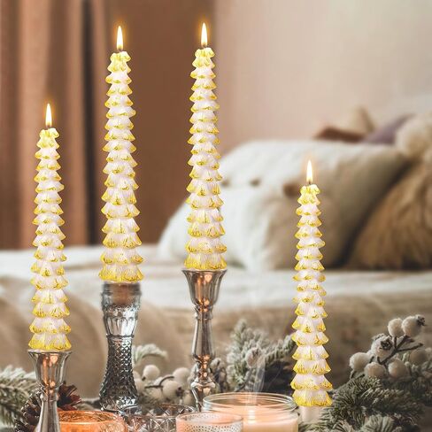 4 Pack Christmas Tree Candles, 10 Inch Unscented Tree Shaped Taper Candles Decorative Christmas Beeswax Candle for Xmas Holiday Decor, Party Banquet Centerpiece Decoration (Green with Silver Trim) in Kuwait