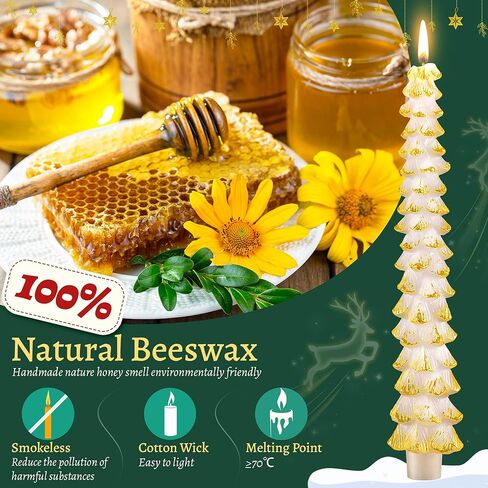 4 Pack Christmas Tree Candles, 10 Inch Unscented Tree Shaped Taper Candles Decorative Christmas Beeswax Candle for Xmas Holiday Decor, Party Banquet Centerpiece Decoration (Green with Silver Trim) in Kuwait