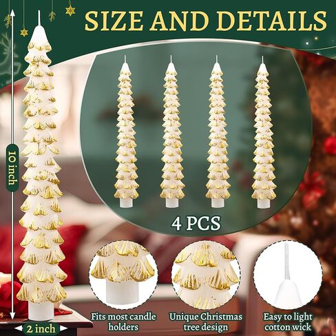 4 Pack Christmas Tree Candles, 10 Inch Unscented Tree Shaped Taper Candles Decorative Christmas Beeswax Candle for Xmas Holiday Decor, Party Banquet Centerpiece Decoration (Green with Silver Trim) in Kuwait