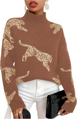 WDIRARA Women's High Neck Sweater Leopard Pattern Long Sleeve Fuzzy Knitted Pullover Top in Saudi Arabia