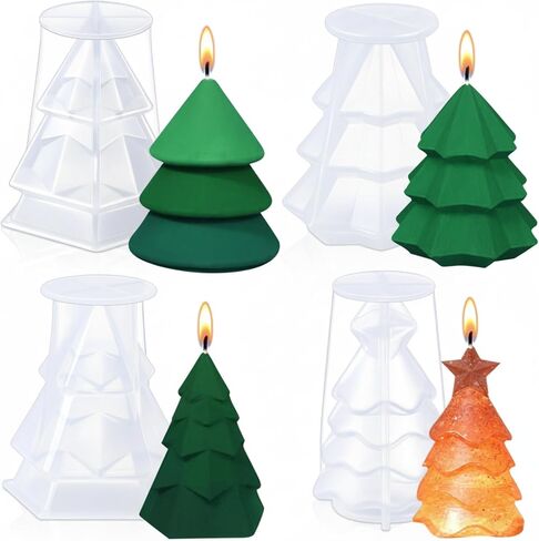 4 Pcs Christmas Tree Candle Mold 3D Tree Shaped Candle Silicone Mold Xmas Pine Candle Molds for Candle Making with 100 Pcs Candle Wicks for Wax Candle Soap Clay Craft Cake DIY Home Party Decoration in Saudi Arabia