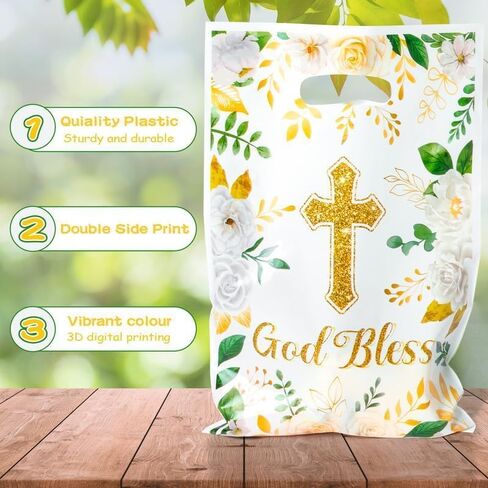 ANGOLIO Easter Treat Party Bags - 50Pcs White Gold Party Favors Bags Print Easter Cross God Bless Candy Bags with Handles Plastic Gifts Bags Birthday Snack Bags Easter Party Favor Supplies for Kids in Saudi Arabia