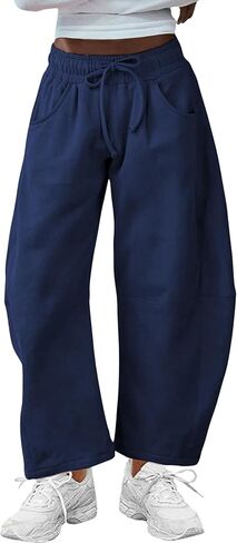 SeekMe Women's Barrel Leg Sweatpant Drawstring Elastic Waisted Wide Leg Pants Casual Cotton Palazzo Trousers with Pockets in Kuwait