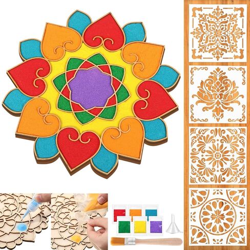 Weekgrat 11.8 Inch Diwali Rangoli Mats Mandala Sand Art Set Include 4 Pcs 6 Mandala Painting Stencils Wooden Coloring Mat Rangoli Stencils for Diwali Rangoli Festivals Home Decor Supplies in Saudi Arabia