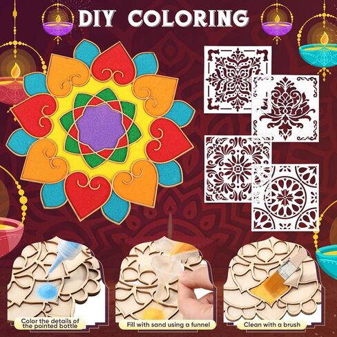 Weekgrat 11.8 Inch Diwali Rangoli Mats Mandala Sand Art Set Include 4 Pcs 6 Mandala Painting Stencils Wooden Coloring Mat Rangoli Stencils for Diwali Rangoli Festivals Home Decor Supplies in Saudi Arabia
