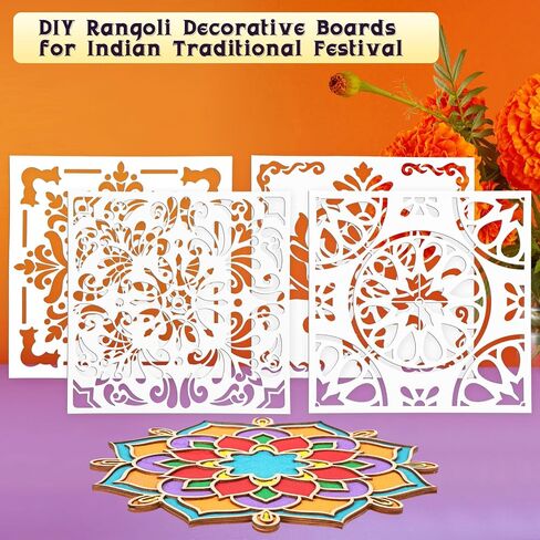Weekgrat 11.8 Inch Diwali Rangoli Mats Mandala Sand Art Set Include 4 Pcs 6 Mandala Painting Stencils Wooden Coloring Mat Rangoli Stencils for Diwali Rangoli Festivals Home Decor Supplies in Saudi Arabia