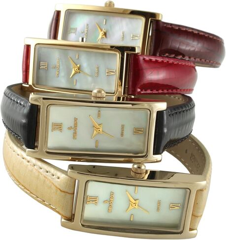 Peugeot Women's Slim 14K Gold Plated White Mother of Pearl Face Roman Numeral White Leather Thin Strap Dress Watch 3017WT in Kuwait