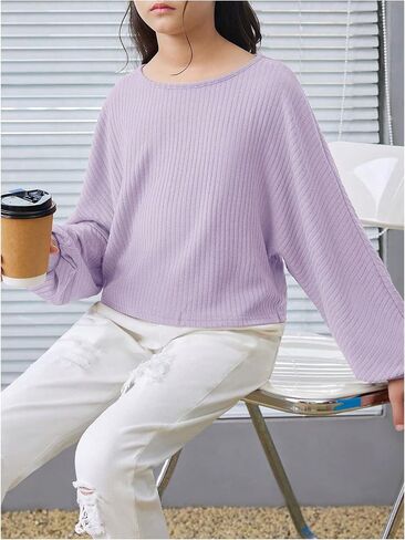 SweatyRocks Girl's Long Sleeve Ribbed T Shirt Round Neck Loose Pullover Tops Khaki 11Y in Kuwait